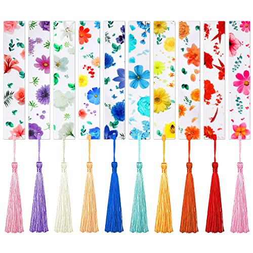 10Pcs Flower Resin Bookmark Transparent Floral Bookmarks for Women Cute Bookmarks Flower Page Marker with Tassels Gifts for Book Lovers Women Kids