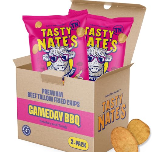 Image of Tasty Nate's Beef Tallow Potato Chips - Game Day BBQ Flavor Kettle Chips Fried in 100% Beef Tallow Seed Oil Free - Gluten Free Healthy Snacks Paleo Friendly 7oz Bag - Pack of 2