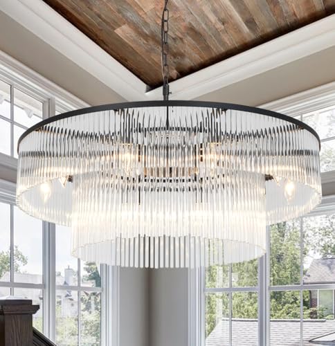 Akeelighting Contemporary Black Chandeliers, 2-Tier Dining Room Glass Chandelier Lighting
