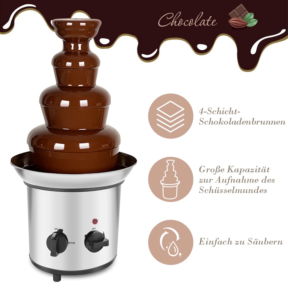 Fontana di Cioccolato a 4 Livelli in Acciaio Inossidabile, 220V 170W, Dimensioni 37x22x43 cm, con Spina Europea per Feste, Matrimoni ed Eventi Speciali