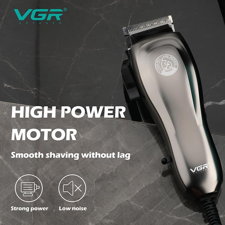 Image of VGR V-206 Professional Pet Hair Clipper for Dogs & Cats | Low Noise, Corded Grooming Kit with Adjustable Blades & 8 Guide Combs for Long & Short Hair | Best Dog & Cat Trimmer - Silver