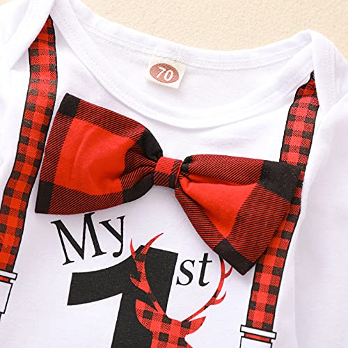 Verve Jelly 3Pcs Pasgeboren Baby Meisjes Jongens Mijn 1st Kerst Romper Vlinderdas Brief Print Bodysuit Plaid Lange Broek Hoed Kerst Outfits Set - Afbeelding 6