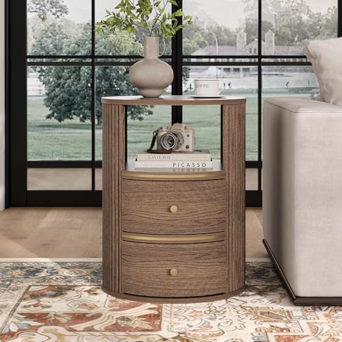 Image of JOINICE Walnut Round End Table with Storage, Open Shelf and 2 Drawers | 24 inch Tall Sofa Side Table, Mid Century Modern Nightstand for Living Room, Bedroom, Beside Sofa, Accent Piece, Easy Assembly