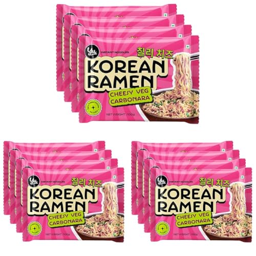 Image of Yu Foodlabs Cheesy Veg Carbonara Korean Ramen - Zero Preservatives & No MSG - 100% Natural Ingredients & Veg - Instant Noodles Ready in 6 Mins - 400 G (100 G x 4) - Yu (Pack of 3)