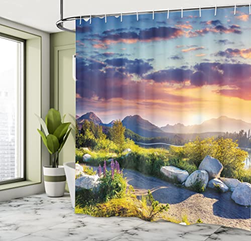Abakuhaus Nature Shower Curtain, Idyllic Skyline in National Park on European Mountains Tranquil Scenery, Cloth Fabric Bathroom Decor Set with Hooks, 94 Inches, Fern Green Blue Lilac - Image 4