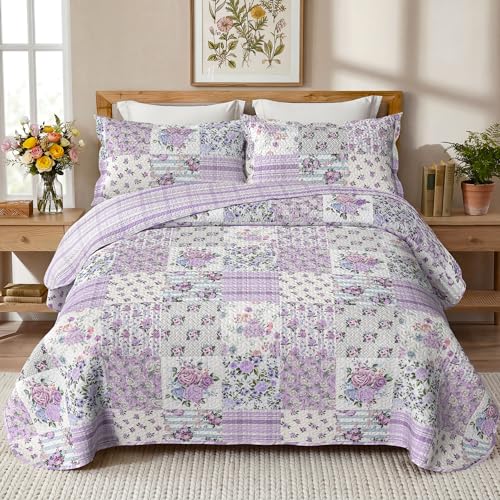 keensoft Purple Patchwork Queen Quilt Floral Queen Size Quilt 3 Pieces Full Bedding Set Reversible Soft Lightweight Bedspread Coverlet for All Season 90x96 (1 Quilt 2 Pillow Shams)