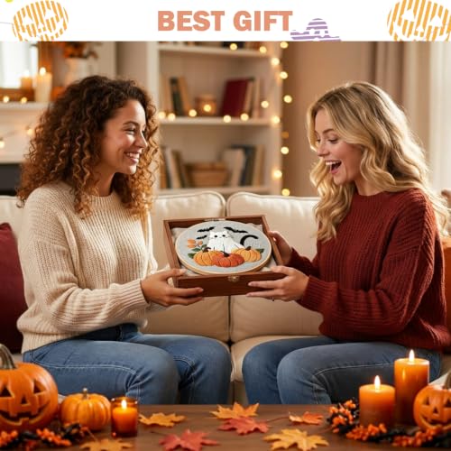 Image of Nuberlic Halloween Embroidery Kit for Beginners, 3 Pcs Easy Embroidery Kits for Adults Starter Cross Stitch Kit DIY Art Crafts Gifts for Women Men Friends, Home Decor