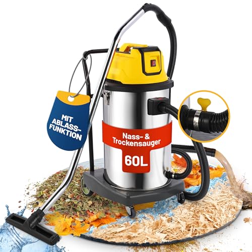 2mGoods 1500W industriestaubsauger 60L Gelb, beutellos mit waschbarem Baumwollfilter gegen Feinstaub, Nass-Trockensauger mit Kupfer-Doppelmotor & CoolAir-Technologie