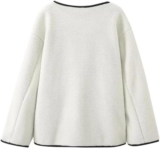 yoeasy Women's Collarless Button Down Sherpa Fleece Jacket Loose Long Sleeve Outwear Coat With Pockets - Image 4