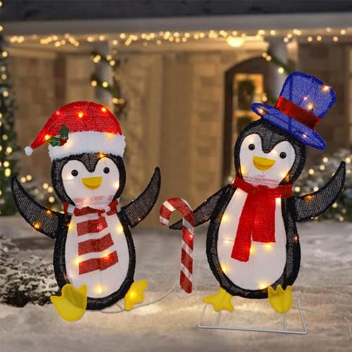 WATERGLIDE Set of 2 Lighted Christmas Tinsel Penguins, Pre-Lit 2D