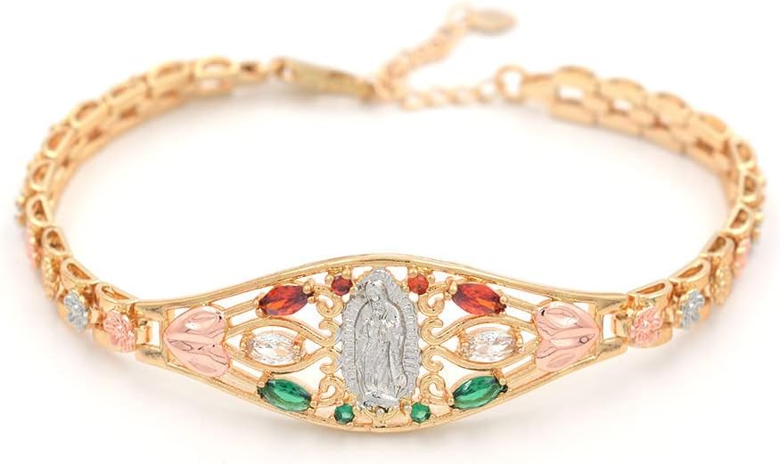 Giffor 14K Gold Filled Jewelry Women's Christmas Gift Bracelet Bangle Guadalupe Tri-color Bracelet Virgin Mary Pulsera de la Virgen de Guadalupe. Chapa de Oro. Oro Laminado