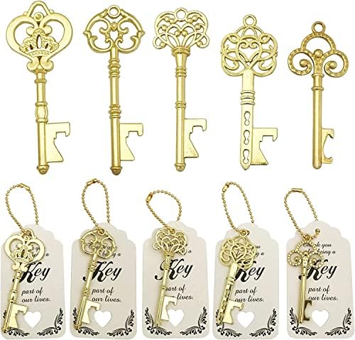 WODEGIFT 50 PCS Key Bottle Openers,Bridal Shower Favors,Rustic Wedding Favors,Gifts,Decorations or Souvenirs for guests Bulk ,Bridal Shower Party Favors with Card Tag and Chains (Gold)