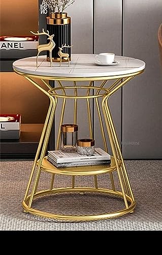 Image of Crown Art Crown Art SHOPPEE Elegant Gold Accent Side Table | Premium Marble Finish Round End Table with Storage Shelf | Modern Coffee Table, Bedside Table, Nightstand for Living Room & Bedroom