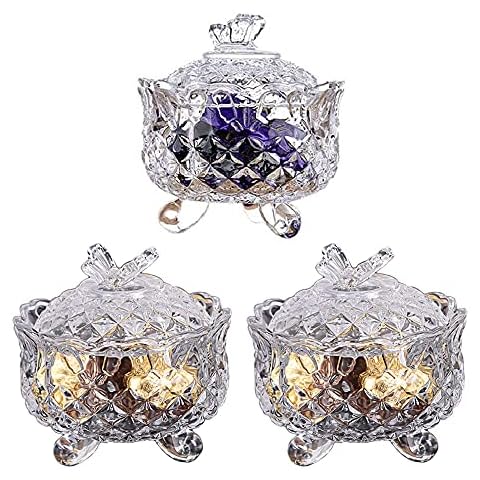 Livejun Crystal Candy Dish Small Glass Jar Set with lid Sugar Bowl Cookie Jar Jewelry Dish Container for Home Kitchen Office Bathroom 3 Pcs Cover