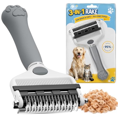 Zivacate 3-in-1 Spazzola per Cani & Spazzola per Gatti, Spazzole Doppia Faccia con Denti 17+9, Manico Ergonomico, Acciaio Inox, Rimuovere i Peli Superflui e Sbrogliare Nodi - Grigio