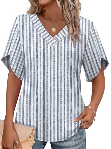 Image of WIHOLL Womens Summer Tops Short Petal Sleeve Shirts Fashion V Neck Womens Clothing