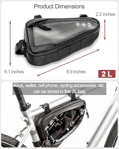 Image of Bike Frame Bag, Water Resistant Bike Triangle Bag, Reflective Bicycle Frame Storage Bags with 2 Side Pockets For Mountain Road Bikes, 2L