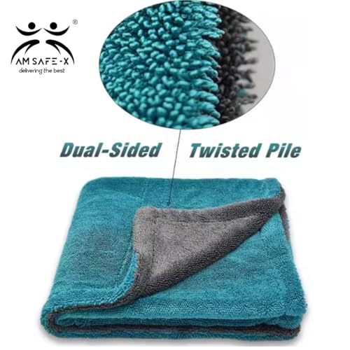 Image of AM Safe-X Microfiber Cleaning Cloth 1200 GSM - 40x40 cm Twisted Loop Microfiber Cloth, Super Absorbent Towel Lint-Free Design for Car Drying, Washing, Polishing & Detailing -Aqua /Grey (1 Pc)