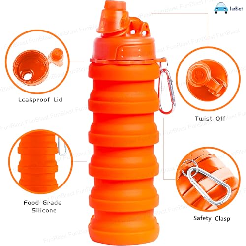 Image of FunBlast Silicone Sipper Bottle Bottle - 500 ML, Expandable Water Bottle for Home, Office, Gym, Trekking, BPA Free Food-Grade Collapsible Leak Proof Portable Travel Water Bottle (Orange)