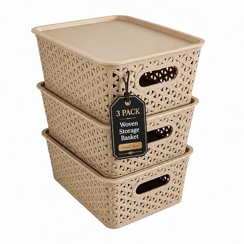 Image of JD Fresh Pack of 3 Premium Plastic Storage Basket with Lid /Smooth Handle Design&Stackable Storage Organizer /Durable Kitchen Storage Basket for Clothes, Vegetables, Fruits, Toys and Stationery(Biscuit)