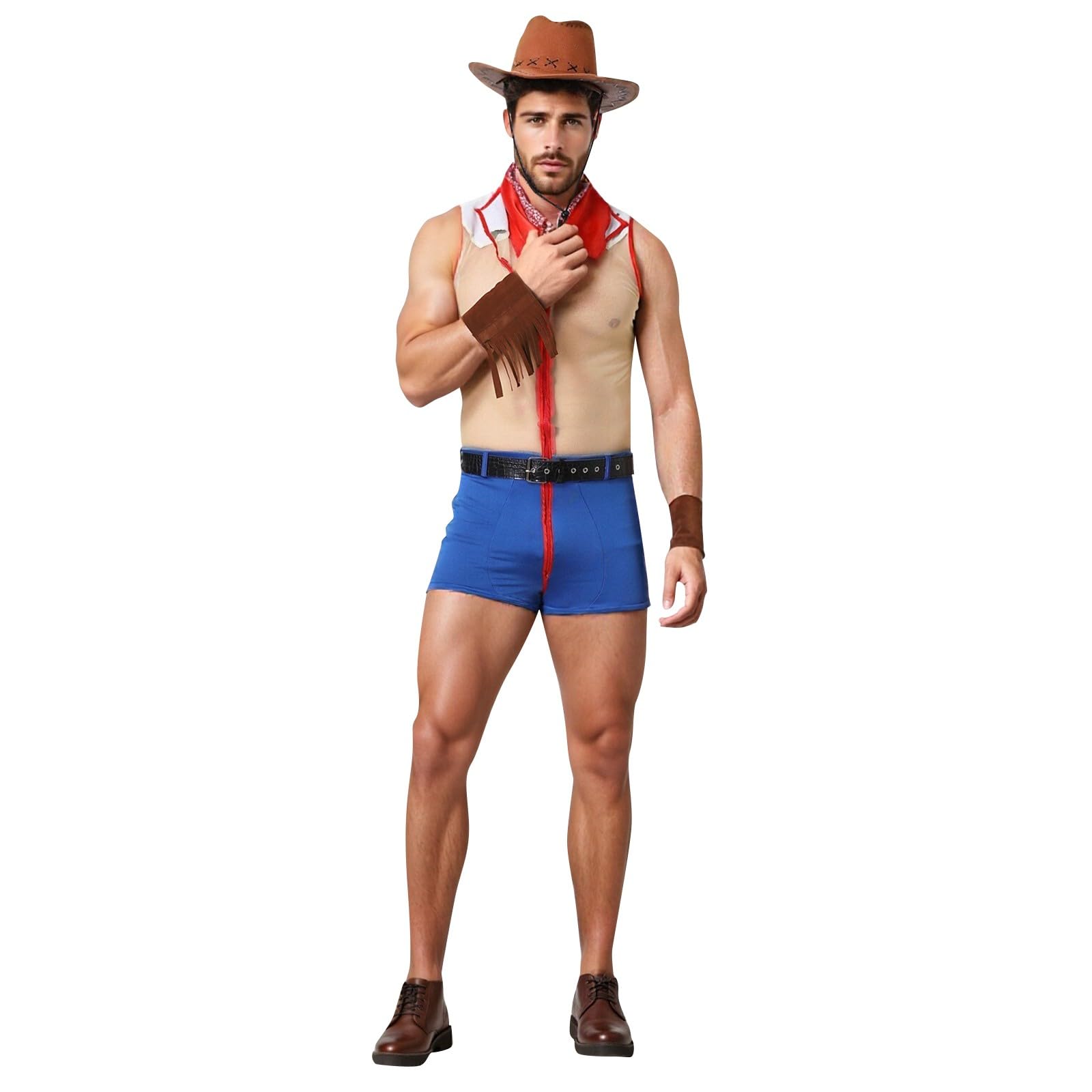 Generisch Men's Cosplay Costume Set Western Cowboy Role Play Costume Sexy Night Club Clubwear Gay Outfit Sleeveless Leather Jacket Vest Hat Scarf Short Trousers and Cufflinks Set, Z01 Blue, XL