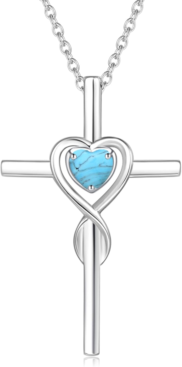 FANCIME Birthstone Cross Necklace for Women Birthstone Necklace Heart Infinity Cross Pendant Necklace Fine Jewelry Christmas Birthday Holiday Gifts for Her, 16"+2" Inches