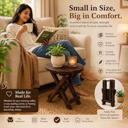 Image of Beautiful Antique Hnadmade Wooden Fold-able Side Table /Coofe /Tea Time /Outdoor /Balcony /End Table /Plant Stand /Stool Living Room Kids Play Portable Furniture Table Round Shape