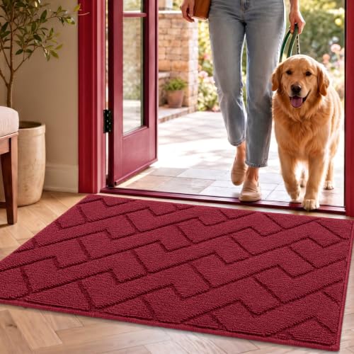 Image of hicorfe Front Door Mat Outside Entrance,20 inchx32 inch Absorbent Muddy Dirt Resist Welcome Door Mats Outdoor Indoor,Stain and Fade Resistant,Non Slip Backing Entry Mat Doormat for Entryway(Red)