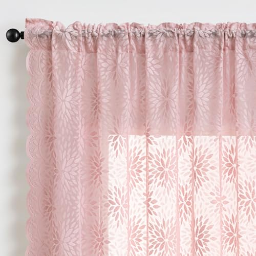Image of MIULEE Vintage Floral Scalloped Lace Curtains, Light Pink 52 inch W x 36 inch L