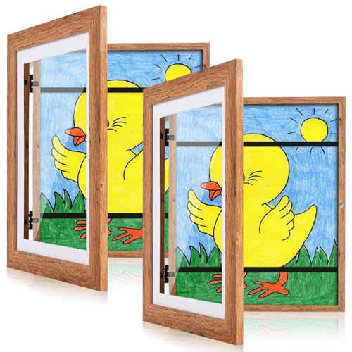 Image of [2 Pack] Kids Art Frames, 10x12.5 Front Opening Kids Artwork Frames Changeable,Dark Woodgrain Artwork Display Storage Frame for Wall, Holds 50 Pcs, for 3D Picture, Crafts, Children Drawing, Hanging