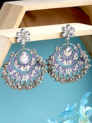 Karatcart Oxidised Silver Violet Meena Silver Ball Studded Kundan Chandbali Earrings for Women - Image 4