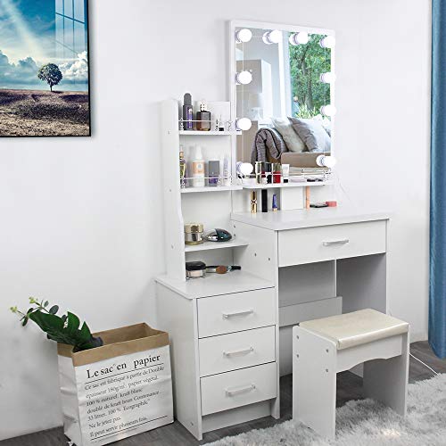 Hollywood Style Dressing Table, Fixed Mirror with LED Lights, Makeup Vanity Table with 10 Dimmable Bulbs, Multifunctional Dressing Desk (Wram White)
