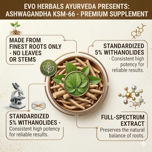 Image of Ashwagandha KSM-66 500 mg Capsules | 60 Veg Caps | Full-Spectrum Root Extract | Calm Focus, Sleep Support, Energy & Vitality | Ayurvedic Adaptogen | Made in India | Evo Herbals