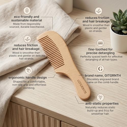 Image of GITGRNTH Natural Neem Wood Comb Set of 2 for Women & Men, Handcrafted Anti Static Wooden Hair Comb for Hair Detangling, Eco Friendly Fine Neem Wood Comb for Frizz Control & Hair Breakage Prevention