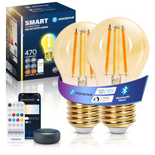Aigostar Mesh - Bombilla Inteligente Sin necesidad de APP para conectar con Alexa, LED Bombilla Vintage Filamento Bluetooth Mesh G45 4.5W E27 470LM, Regulable 2700K-6500K, 2Uds(Con Control Remoto)