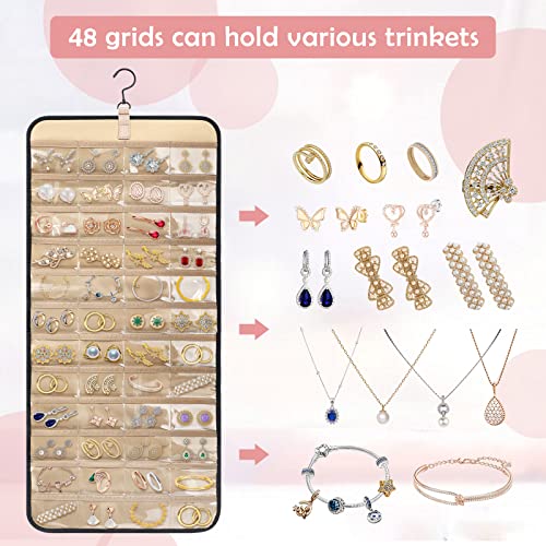 Grathia 1 Pcs Hanging Jewelry Organizer With Metal Hooks Double-Sided Jewelry Holder, Necklace Holder With 48 Pockets, Large Jewelry Roll For Earrings, Necklaces, Rings On Closet, Wall, Door #TOP4