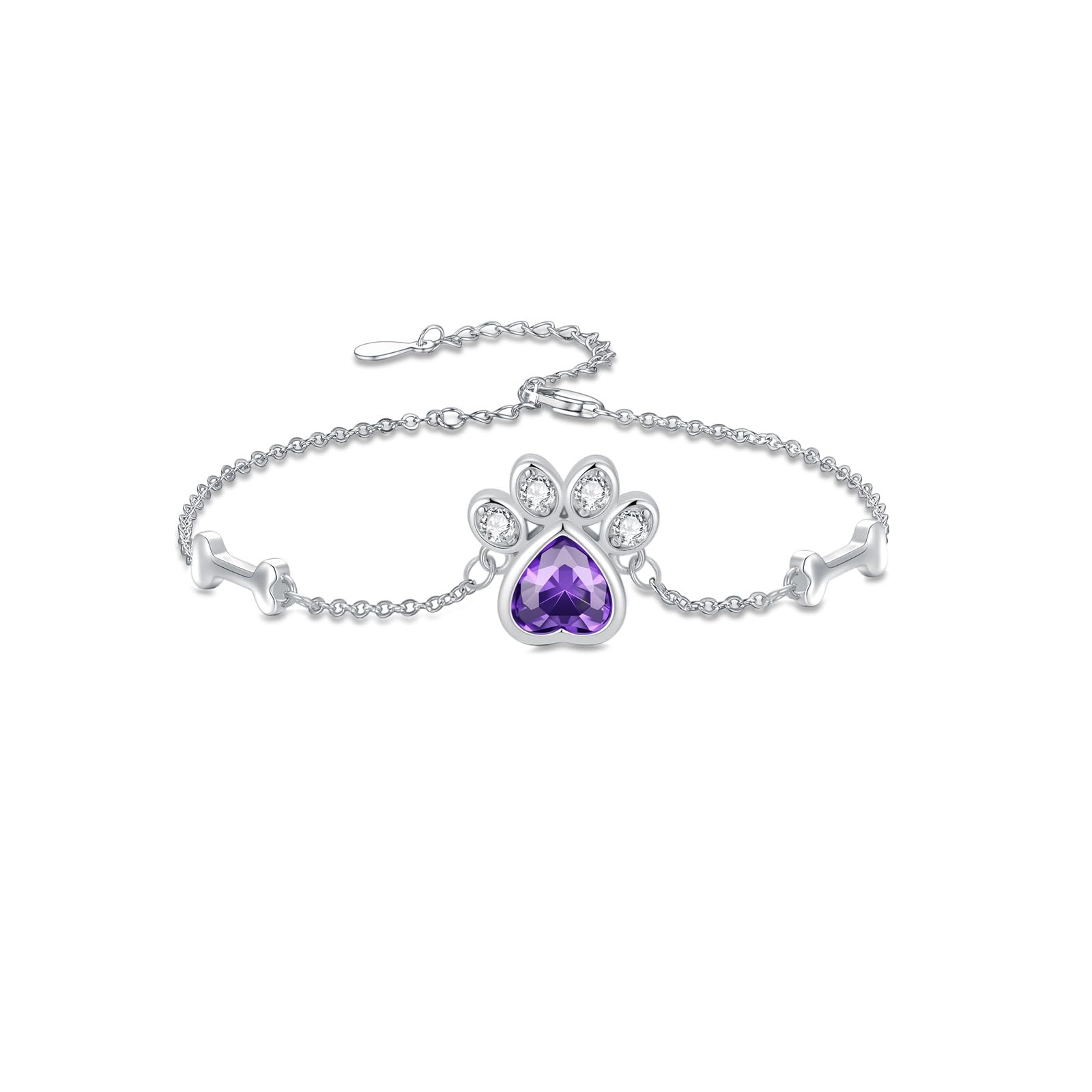LONAGO Braccialetto per animali domestici, in argento Sterling 925, con zampa di cane, viola, con osso, Argento sterling, Zirconia cubica