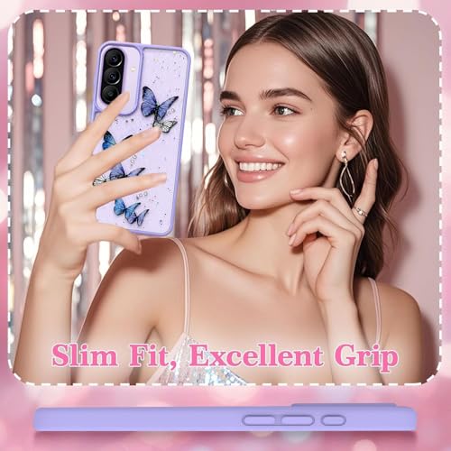 Image of VONZEE for Samsung Galaxy A37 Clear Glitter Butterfly Case, Cute Bling Sparkle Shiny Soft Silicone TPU Bumper Shockproof Women Girls Slim Protective Phone Cover for Samsung Galaxy A37, Purple