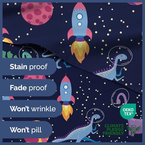 Image of Kids Queen Size Space Dino Bed Sheets - 4 Piece Kids Space Dino Sheet Set | Space Dino Themed Bedding, Ultra-Soft, Cute & Cozy, Breathable & Machine Washable, Bed Set for Boys, Girls & Teens & Cooling