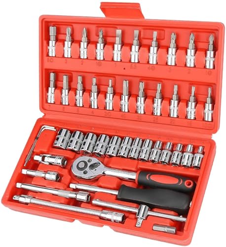 Image of Tool Kit 46 Pcs Household | 1 /4 Drive Socket Screwdriver Wrench Set for Bike, Car Repairs & More Spanner & Socket Set All Size Tool Kit Goti Pana Perfect for DIY Enthusiasts, Black