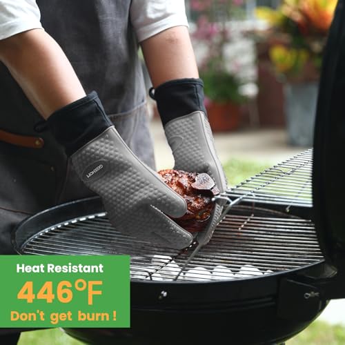 Image of GEEKHOM BBQ Gloves Heat Resistant Oven Mitts - Silicone Grilling Gloves with 13.7 inch Arm Protection - Waterproof Pot Holder Non-Slip for Men & Women, Kitchen Outdoor Cooking, Baking, Camping, Light Gray
