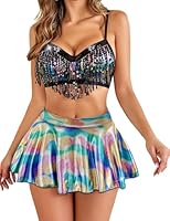 Avidlove Damen Dessous Set Latex Sexy Sommer Mini Röcke Kurz Leder Reizwäsche Babydolls 3-Teiliges Set Mit Fransen BH und Slip Rave Outfit Party Clubwear Regenbogen M