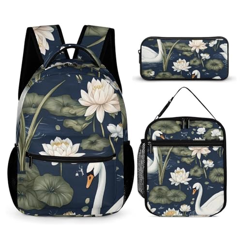 Peaceful Swans Water Lilies Pattern Travel Backpack Lunch Box Pencil Case 3Pcs Set for Men Women Office Outing University