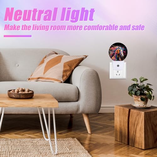 Image of Colorful Horse Night Light Night Lights LED Lamp Round Plug into Wall Nightlight with Dusk to Dawn Sensor Home Hallway Stairway Kitchen Decor