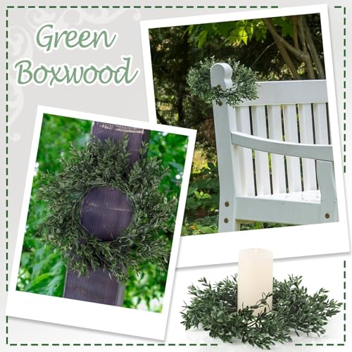 Image of 6 Pcs Artificial Boxwood Candle Rings Wreaths Mini Green Kitchen Cabinet Wreath Table Centerpieces Spring Summer Rings Wreaths for Pillars Farmhouse Wedding Party Decor