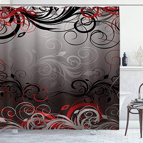Britimes 4 Pcs Shower Curtain Set Black Red Gold Floral Abstract Swirl With Non-Slip Rugs Toilet Lid Cover And Bath Mat Bathroom Decor Set 72" X 72" #TOP2