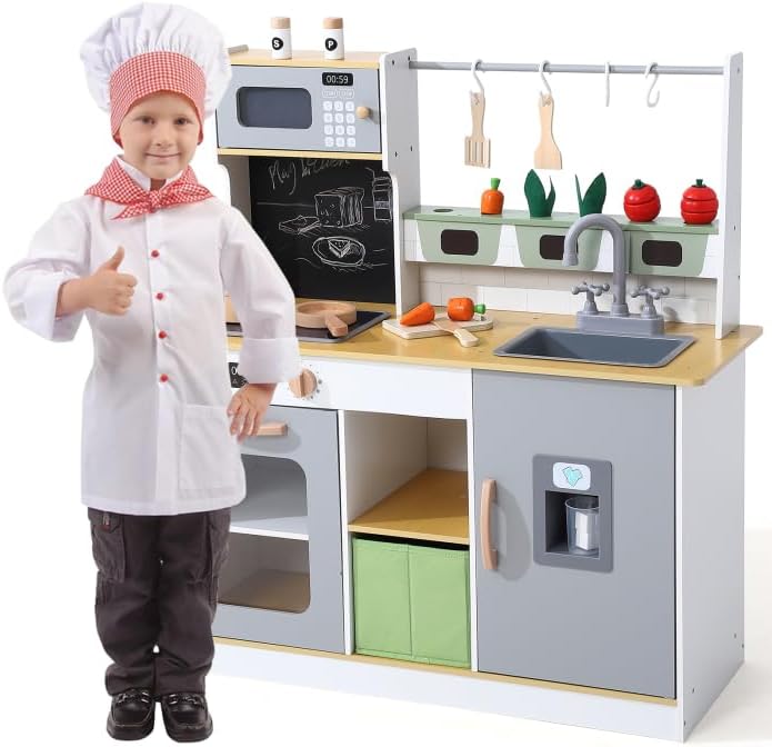 Juego de cocina para niños con accesorios de utensilios de cocina, mini juguete de simulación de madera, juego de chef de granja y cocina con