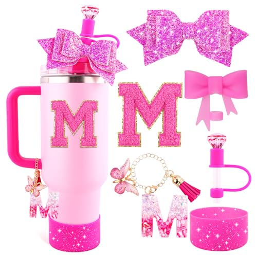 Lingdeer Rose Pink Cup Accessories Set for Stanley 30OZ&40OZ Tumbler with Handle, Letter Charms, Bow & Diamond Straw Covers, Glitter Silicone Boot, Personalized Sticker for Stanley Cup Accessories (M)