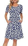 AUSELILY Dresses for Women UK Summer Dress Short Sleeve Wrap Dress Casual with Pockets Knee Length Blue Flowers 01 L