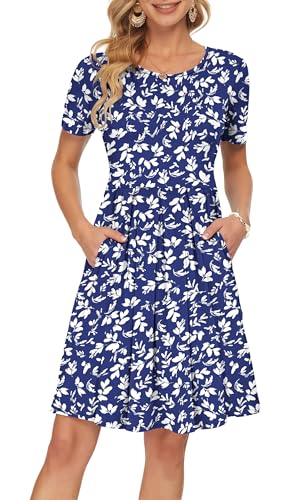 AUSELILY Dresses for Women UK Summer Dress Short Sleeve Wrap Dress Casual with Pockets Knee Length Blue Flowers 01 M
